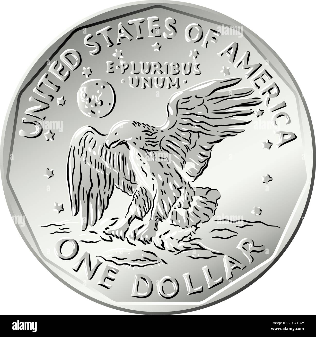 American money Susan B Anthony dollar, one dollar coin with eagle clutching laurel branch on reverse Stock Vector