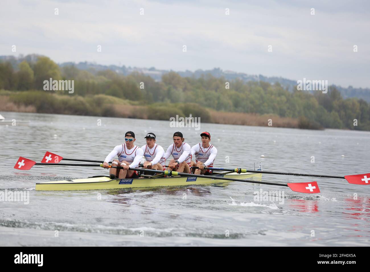Markus Kessler, Paul Jacquot, Joel Schuerch and Andrin Gulich of Switzerland compete in the Men's Four Semifinal A/B 1 on Day 2 at the European Rowing Stock Photo