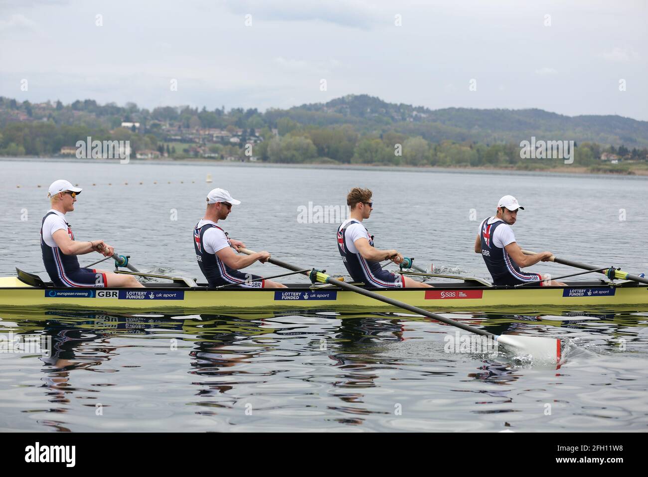Oliver Robert George Cook, Matthew Rossiter, Rory Gibbs and Sholto Carnegie of Great Brtiain win the Men's Four Semifinal A/B 2 on Day 2 at the Europe Stock Photo