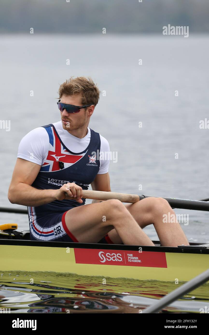 Rory Gibbs of Great Brtiain competes in the Men's Four Semifinal A/B 2 on Day 2 at the European Rowing Championships in Lake Varese on April 10th 2021 Stock Photo