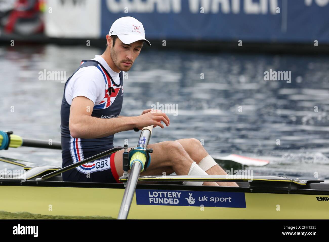 Sholto Carnegie of Great Brtiain competes in the Men's Four Semifinal A/B 2 on Day 2 at the European Rowing Championships in Lake Varese on April 10th Stock Photo