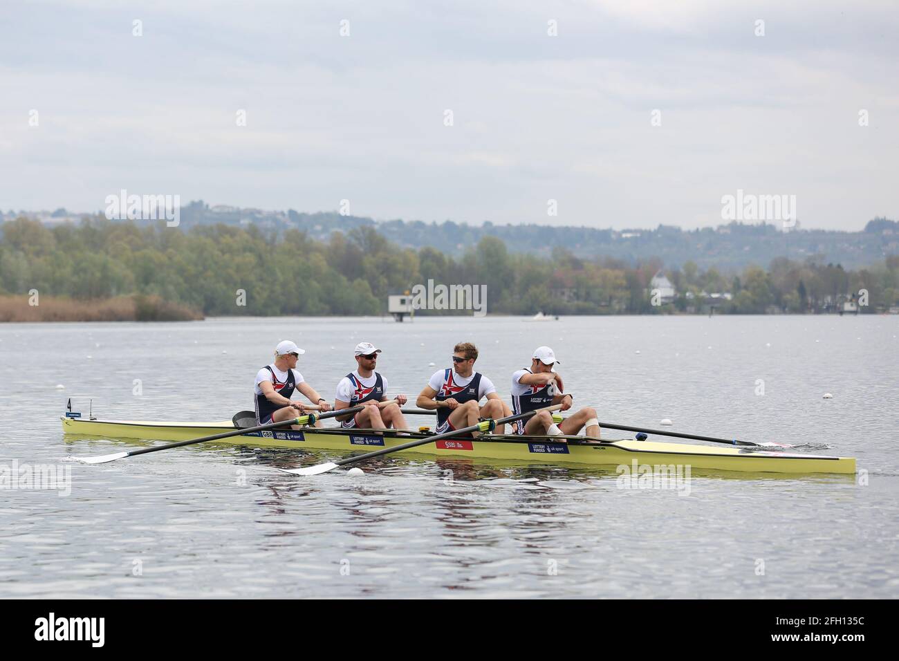 Oliver Robert George Cook, Matthew Rossiter, Rory Gibbs and Sholto Carnegie of Great Brtiain win the Men's Four Semifinal A/B 2 on Day 2 at the Europe Stock Photo