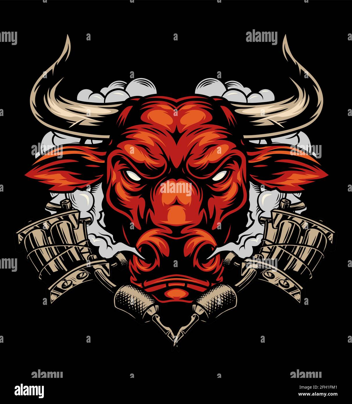 Colorful Tattoo Template With Cruel Red Bull Head In Smoke Cloud And Tattoo Machines In Vintage Style Isolated Vector Illustration Stock Vector Image Art Alamy