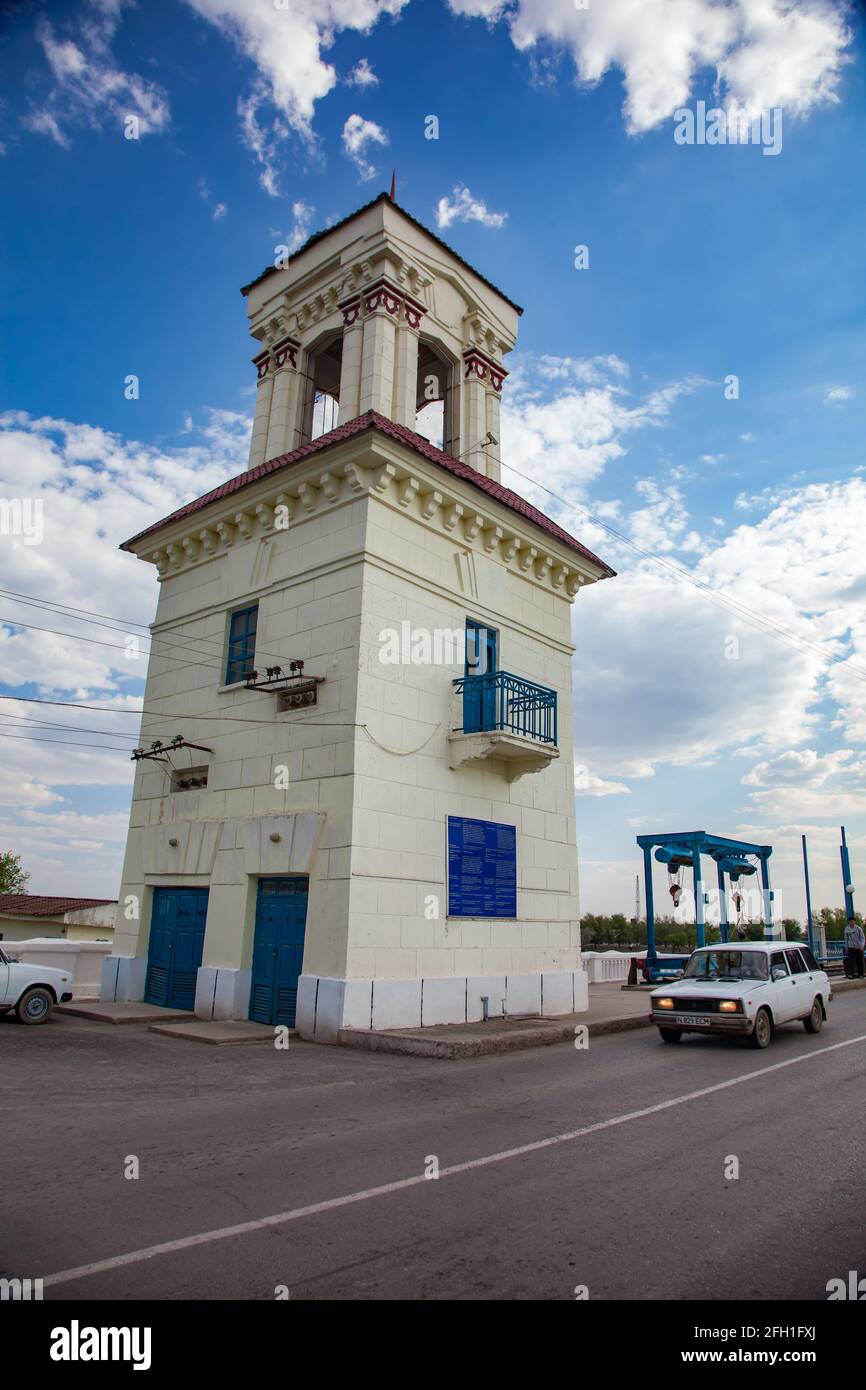 Kyzylorda, Kazakhstan: Tower building on Shardara river dam. Stalinist ...