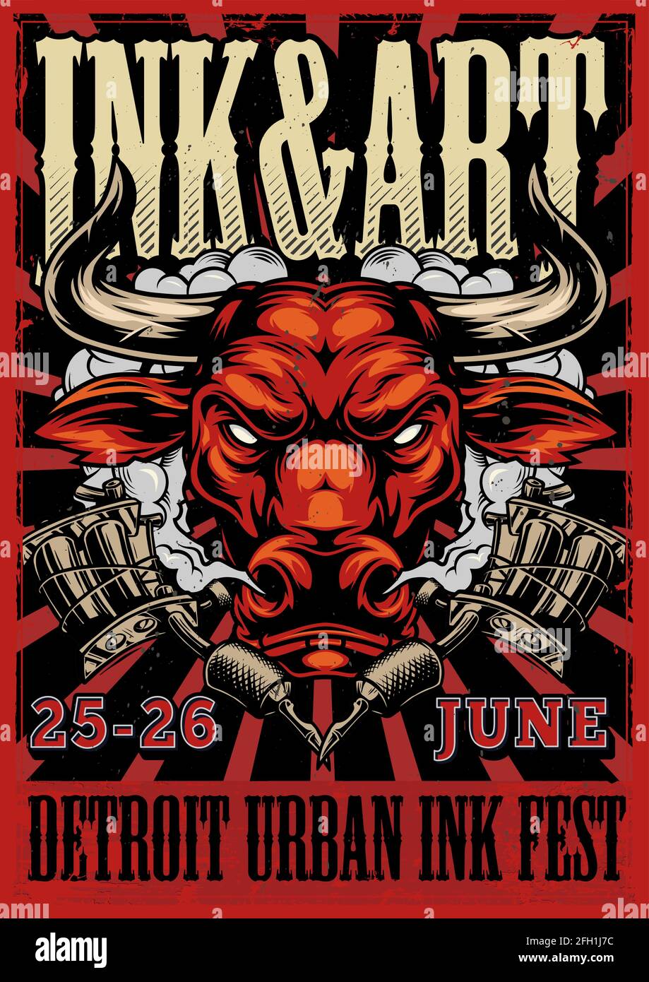 Vintage Tattoo Festival Advertising Poster With Serious Red Bull Head And Tattoo Machines Vector Illustration Stock Vector Image Art Alamy