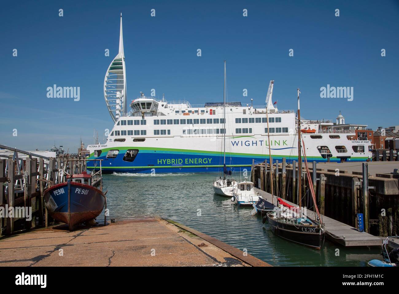 Portsmouth, England, UK. 2021.  A hybrid energy powered Isle of Wight ferry departing the Camber Docks in Portsmouth, UK. Stock Photo