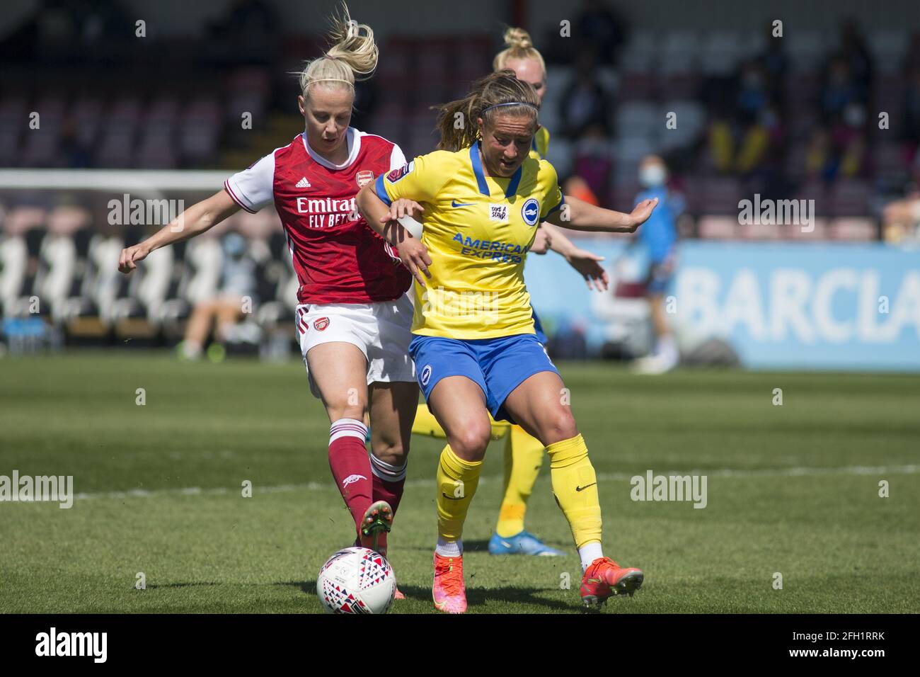 Borehamwood, UK. 25th Apr, 2021. Beth Mead (#9 Arsenal) and Megan Connolly (#8 Brighton FC) battle for the ball during the FA Women's Super League match between Arsenal and Brighton FC at Meadow Park in Borehamwood. Credit: SPP Sport Press Photo. /Alamy Live News Stock Photo