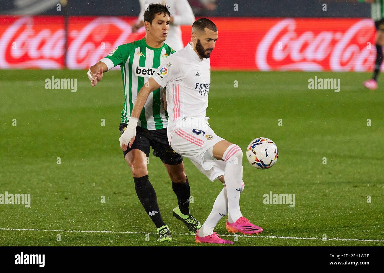 Aissa Mandi of Real Betis and Karim Benzema of Real Madrid in action during the La Liga match Round 32 between Real Madrid and Real Betis Balompie at Valdebebas.Final score; Real Madrid 0:0 Real Betis Balompie. Stock Photo
