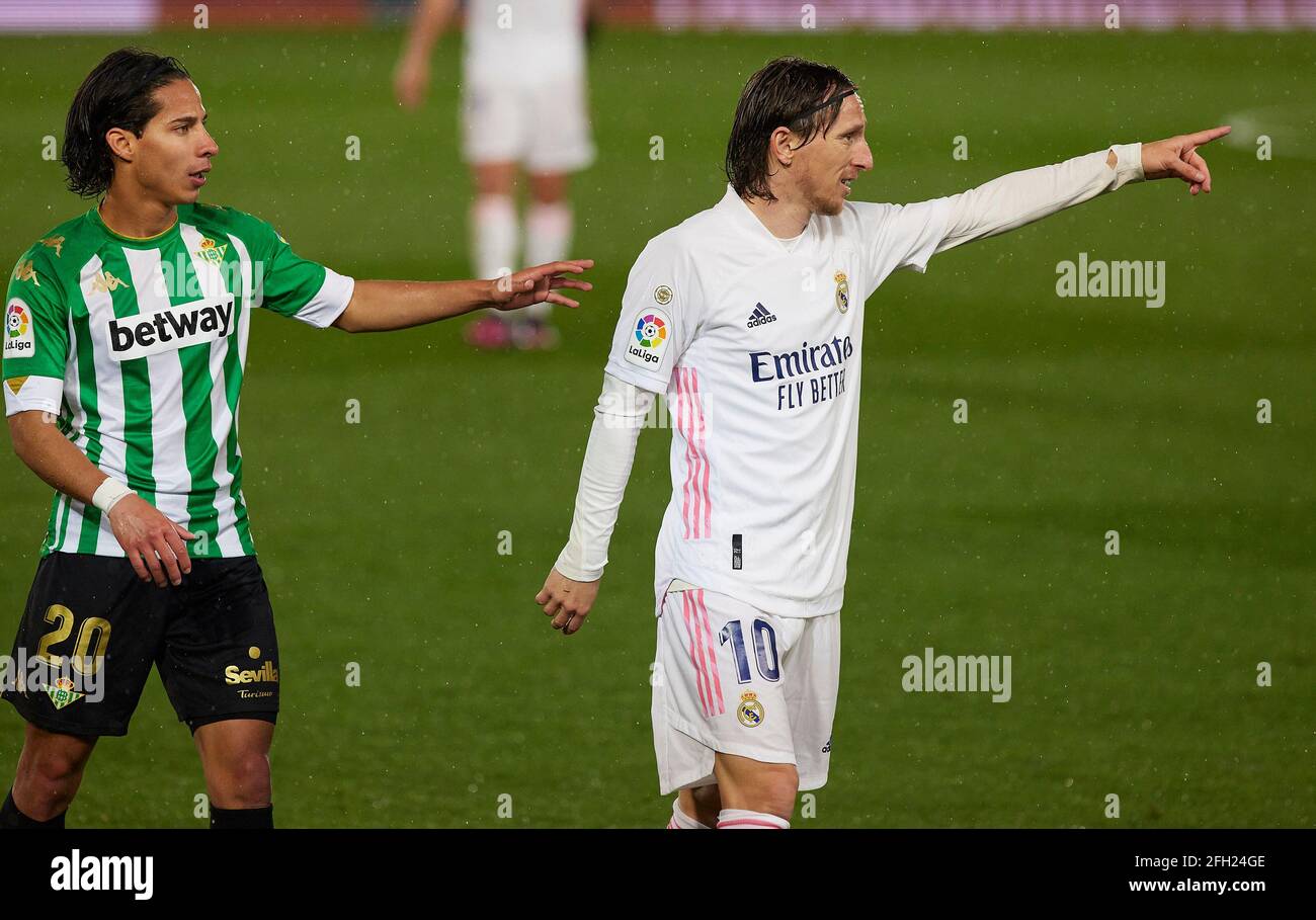 Madrid Spain 24th Apr 2021 Luka Modric Of Real Madrid And Diego Lainez Of Real Betis React During The La Liga Match Round 32 Between Real Madrid And Real Betis Balompie At