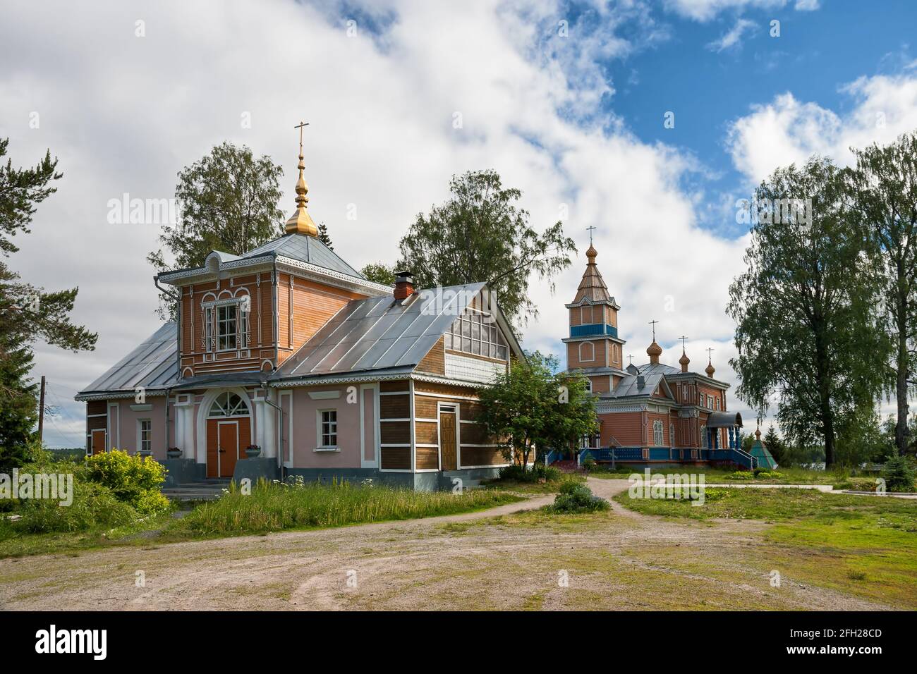 Vazheozersky Spaso-Preobrazhensky Monastery, Karelia, Russia. Church of John of Rylsky and John of Kronstadt and Church of the Transfiguration of the Stock Photo