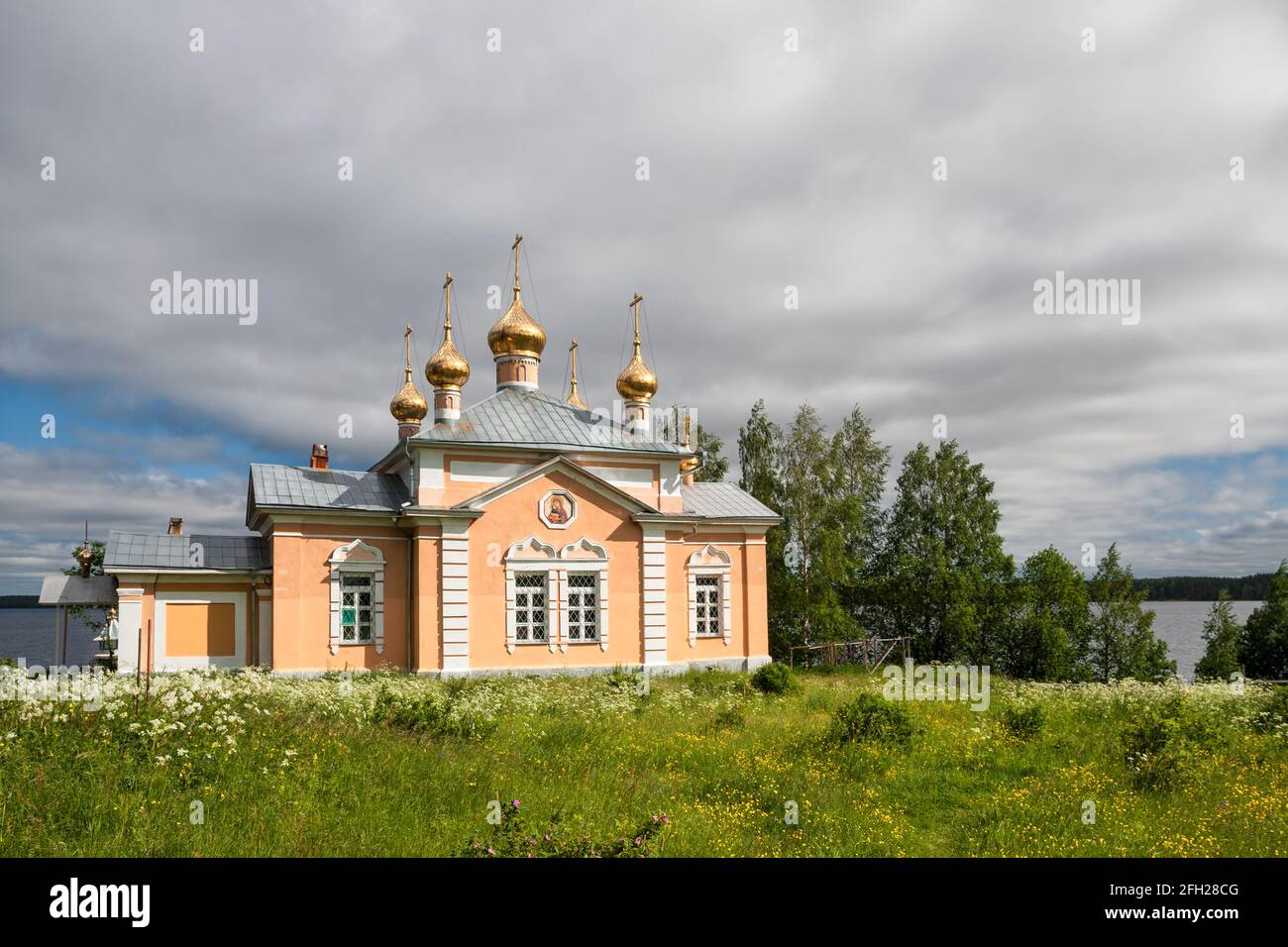 Church of All Saints in Vazheozersky Spaso-Preobrazhensky Monastery, Karelia, Russia Stock Photo
