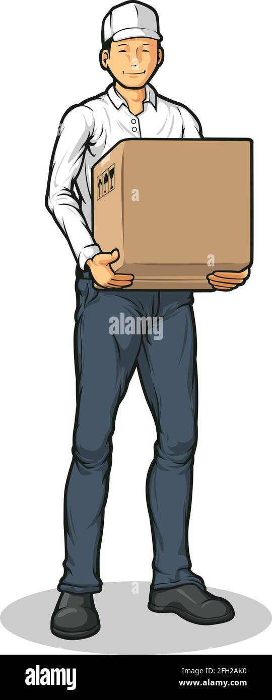 Delivery Courier Man Bringing Carton Shipping Box Cartoon Illustration Stock Vector