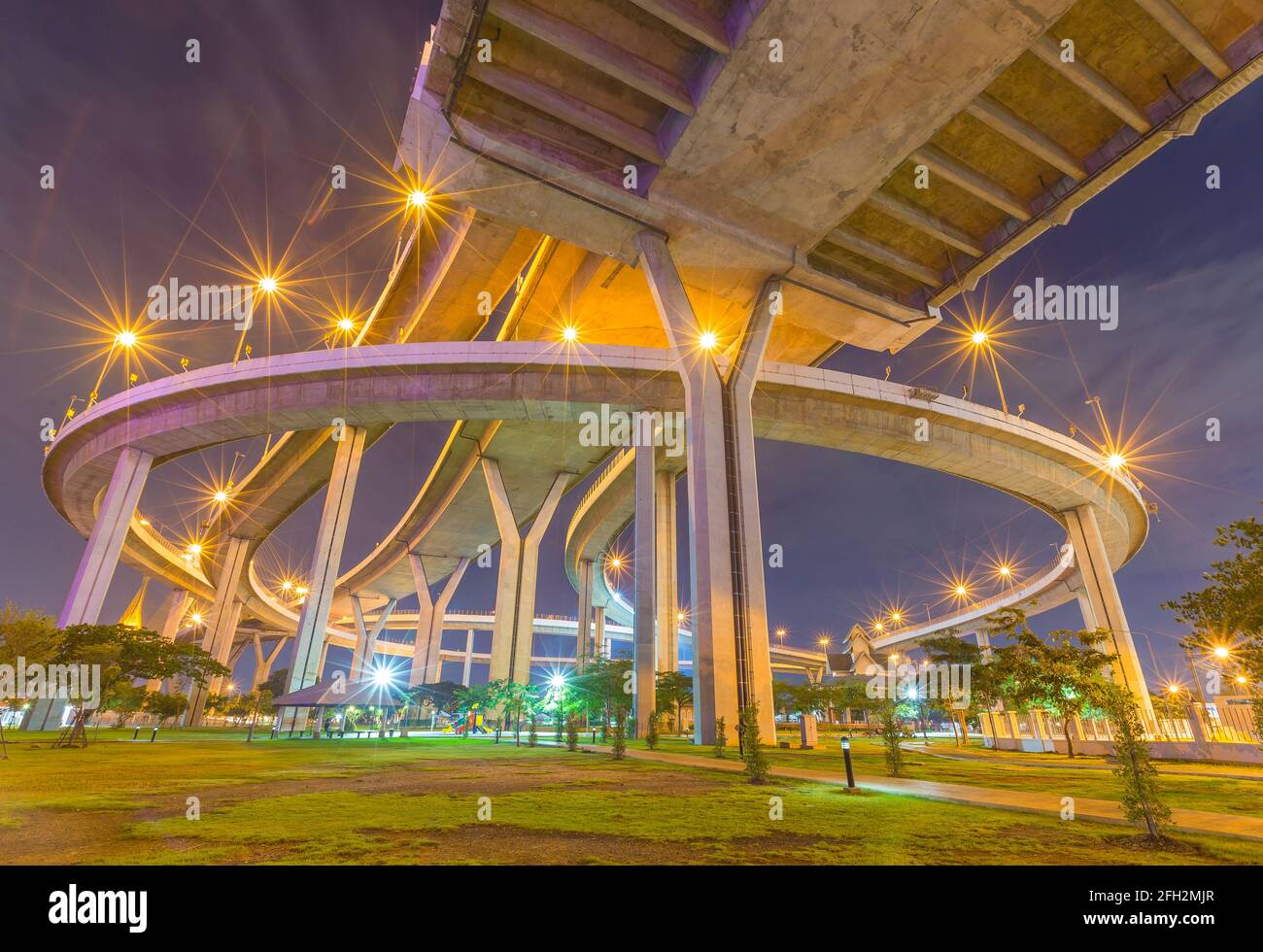 Light from the park area under Bhumibol Bridge. Stock Photo