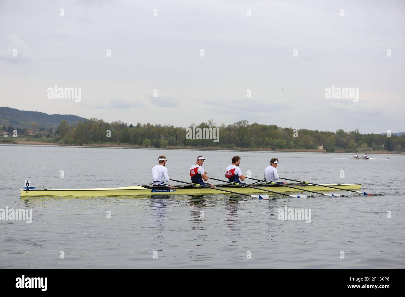 Jan Fleissner, Jan Potucek, Tomas Sisma and Filip Zima of Czech Republic compete in the Men's Quadruple Sculls Semifinal A/B 1 on Day 2 at the Europea Stock Photo