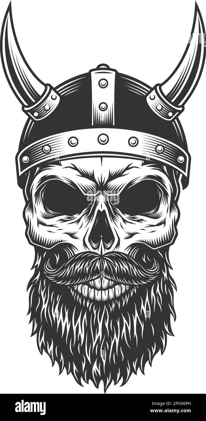 Monochrome vintage skull with viking helmet. Vector illustration Stock  Vector Image & Art - Alamy