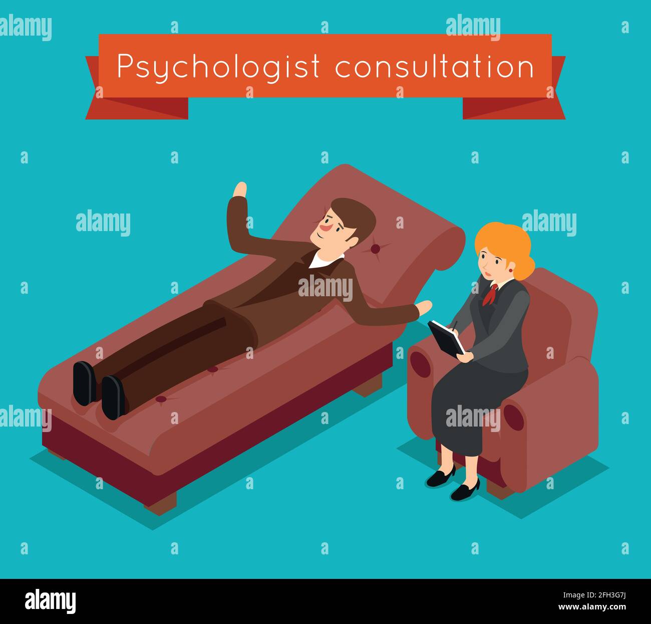 Psychologist consultation. Vector mental problems concept in 3D isometric style. Patient and mental therapy, problem psychologist, health psychology, Stock Vector