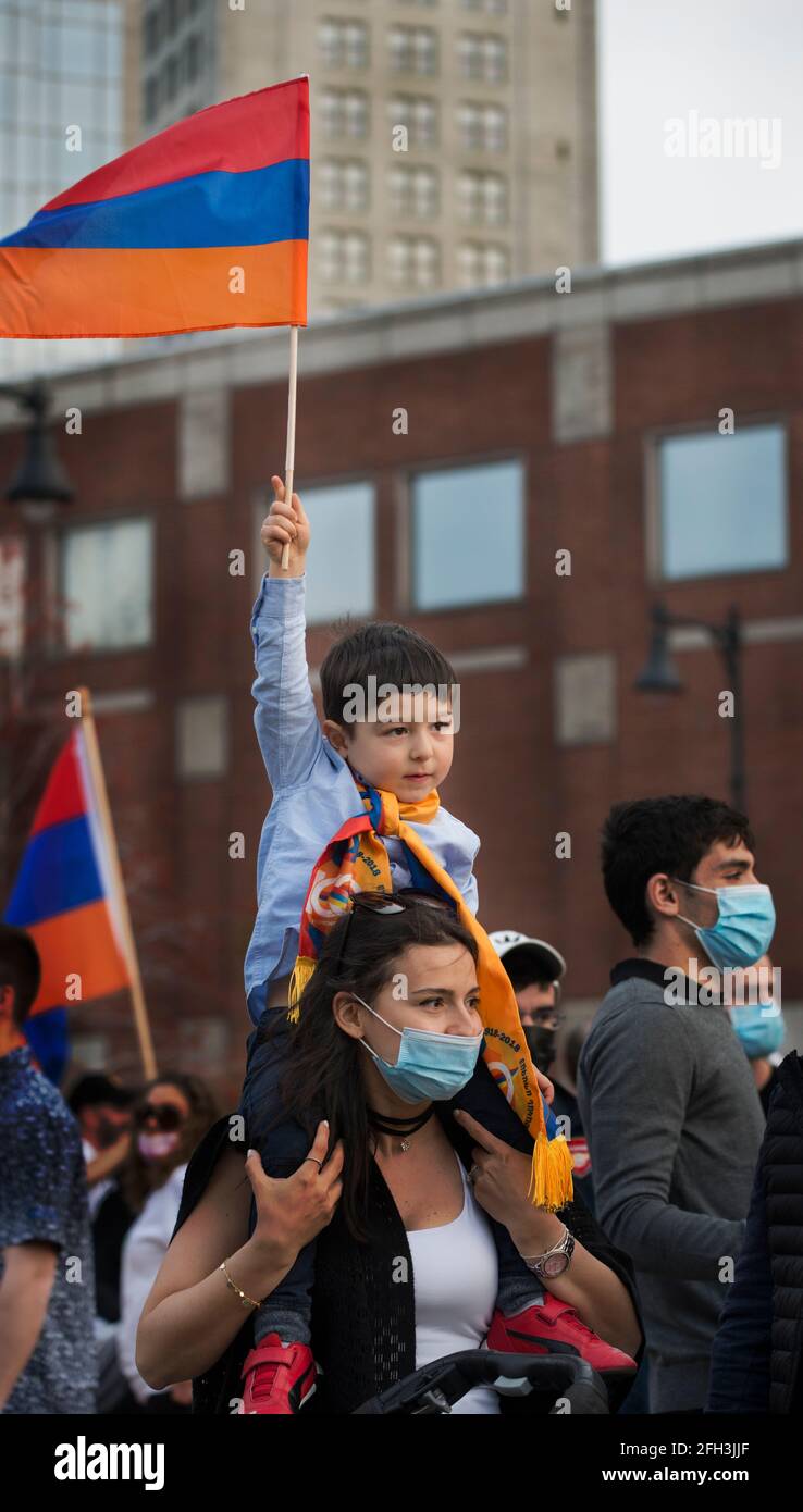 Armenian Heritage Park, Boston Massachusetts, USA, 24 April 2021:  Hundreds of Armenian Americans gathered at the memorial on Armenian Remembrance Day on the 106th anniversary of genocide of 1.5 million Armenians by the Ottoman Empire, 1915 to 1923.  Current U.S. President Joe Biden also became the first U.S. President to declare that the killing of Armenians by the Ottoman Empire, modern-day Turkey, a genocide. Stock Photo