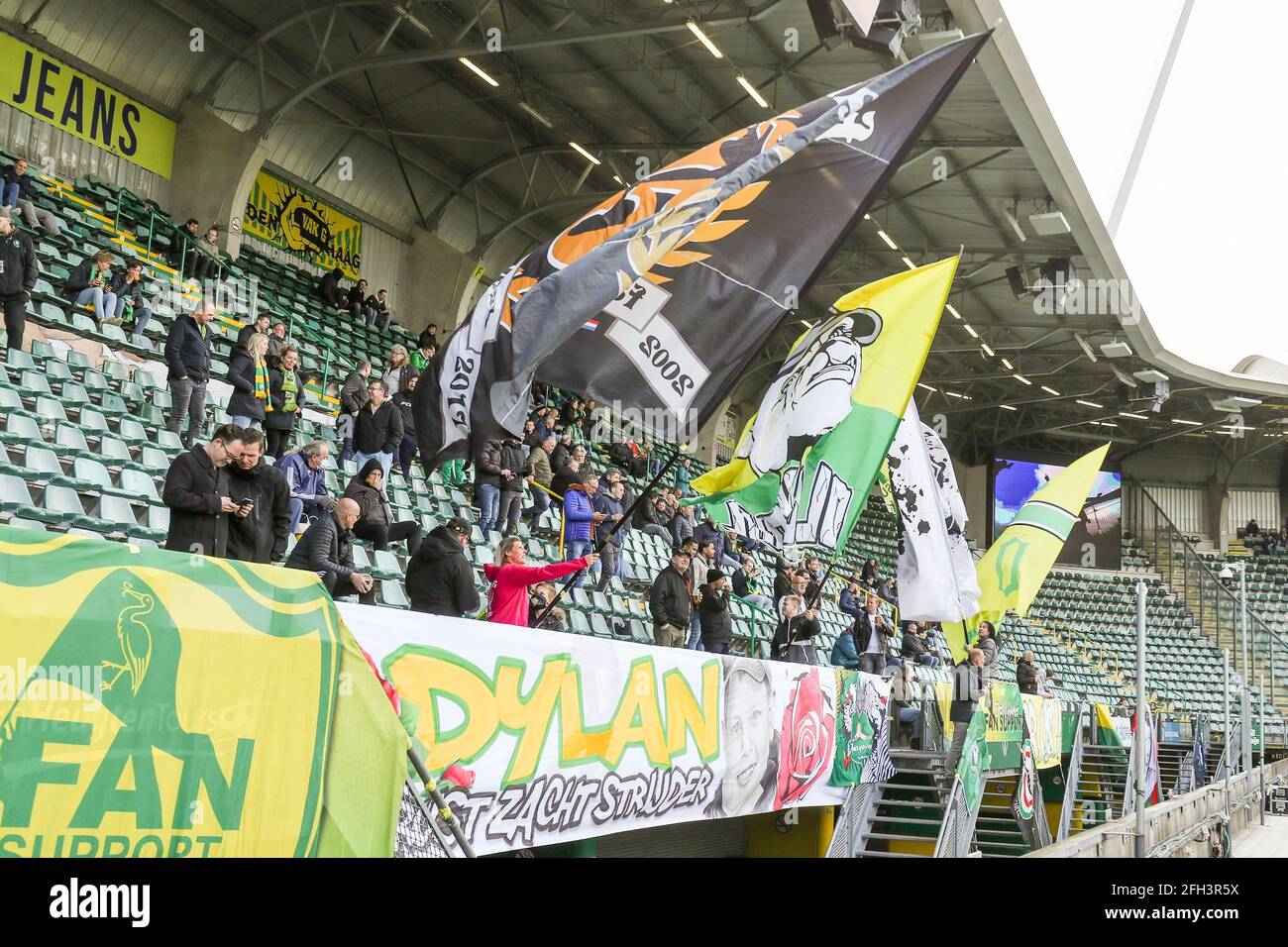 Modernisere Fritid bestikke The Hague, Netherlands. April 25 2021: Flags of supporters in ADO Den Haag  stadium during the Dutch Eredivisie match between ADO Den Haag and Fortuna  Sittard at Cars Jeans Stadion on April