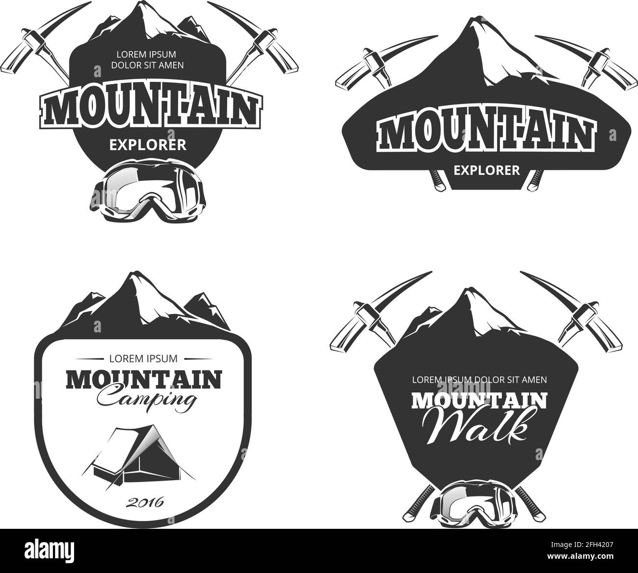 Vintage mountain camping, mountaineering vector emblems, labels, badges ...