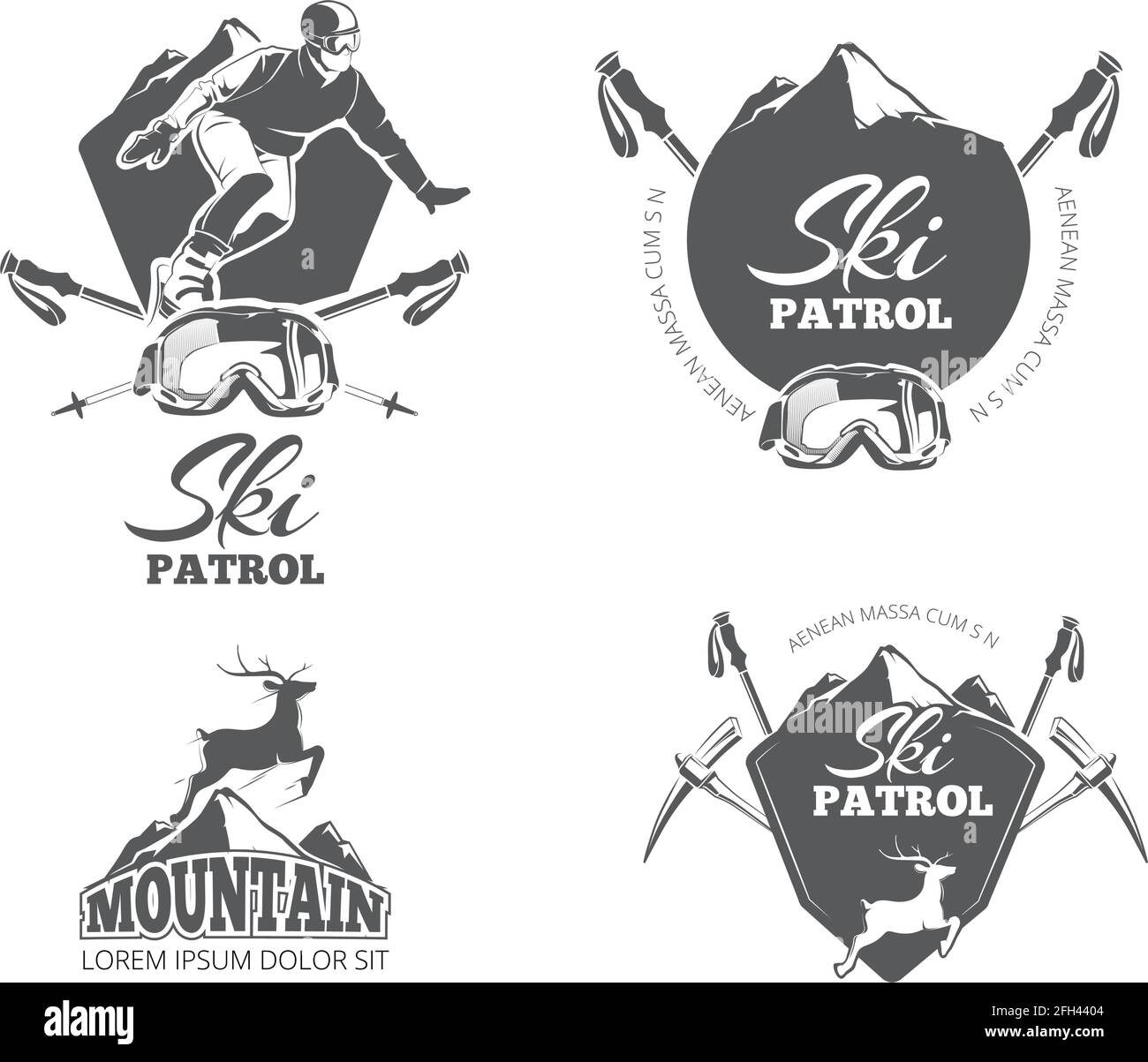 Ski club, mountain patrol vector emblems, labels, badges, logos set. Ski patrol logo, winter patrol, mountain patrol emblem, icon patrol ski illustrat Stock Vector