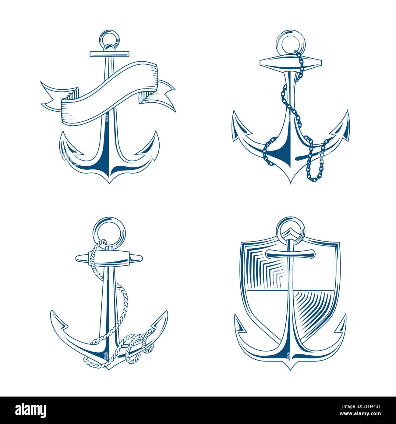 Vector anchor with rope and chain set illustration. Emblems anchors with shield and ribbon Stock