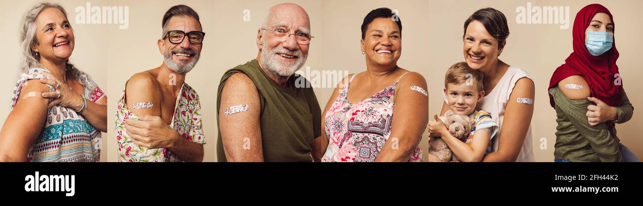 Collage of portraits of an ethnically diverse and mixed age group of people showing their shoulders with band-aids on after getting a vaccine. Composi Stock Photo