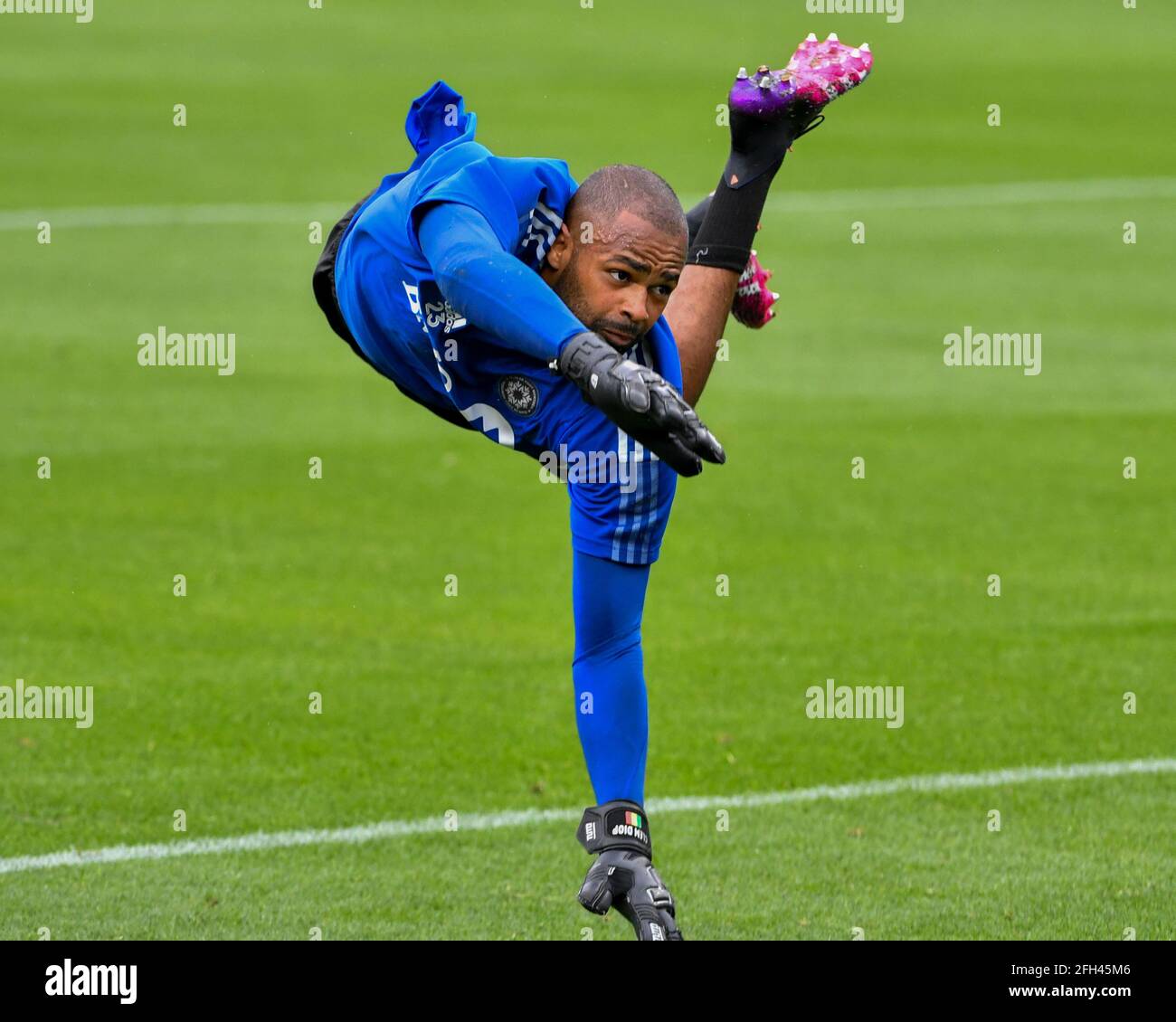 Nashville, TN, USA. 24th Apr, 2021. Montreal goalkeeper, Clement Diop (23), makes a diving save during warm up before the MLS match between CF Montreal and Nashville SC at Nissan Stadium in Nashville, TN. Kevin Langley/CSM/Alamy Live News Stock Photo