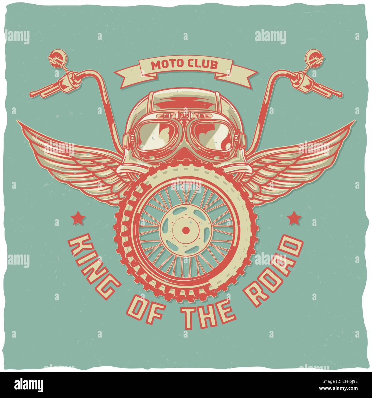 Motorcycle theme t-shirt label design with illustration of helmet, glasses, wheel and wings Stock Vector