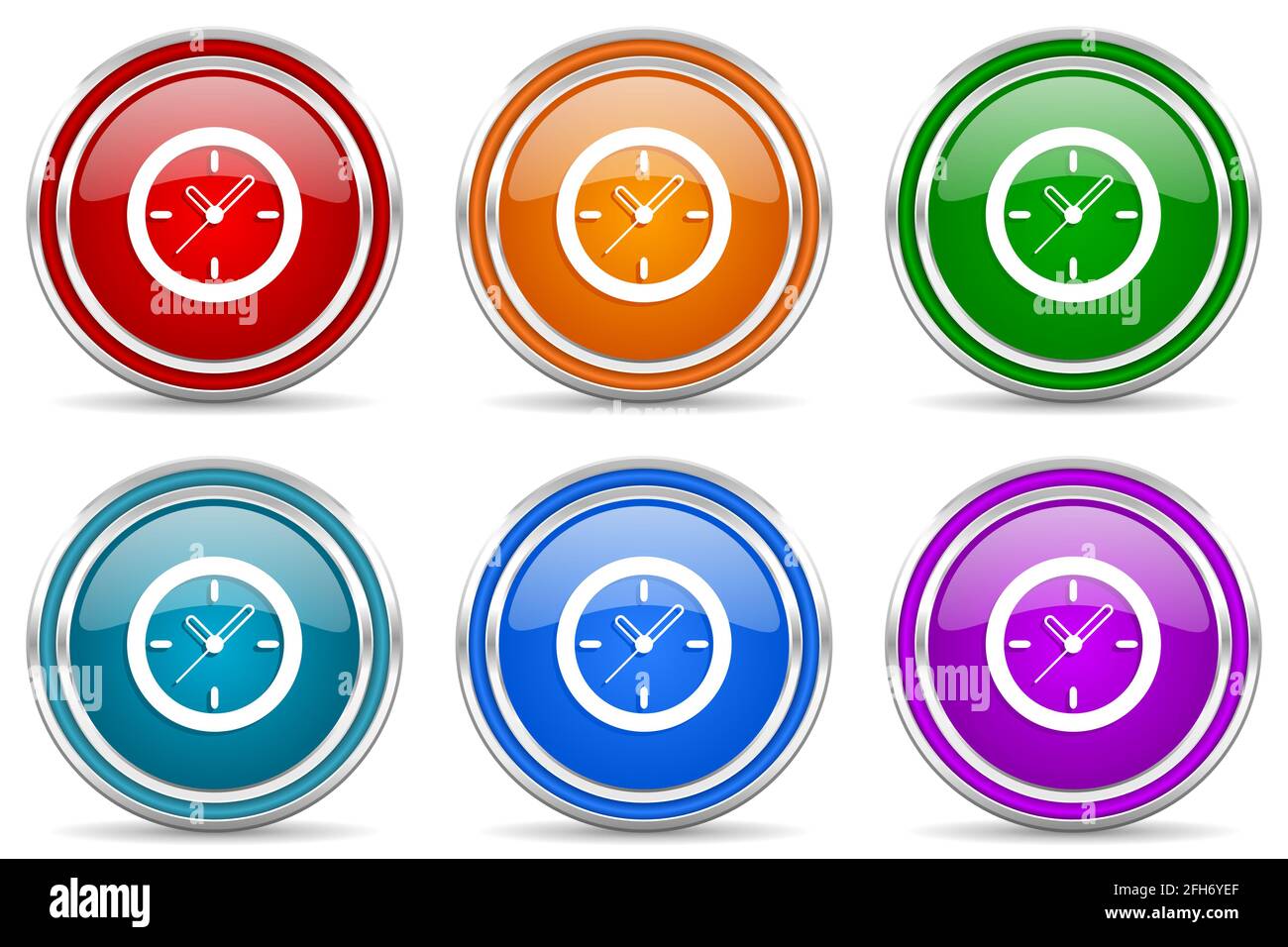 Time, clock, watch silver metallic glossy icons, set of modern design ...