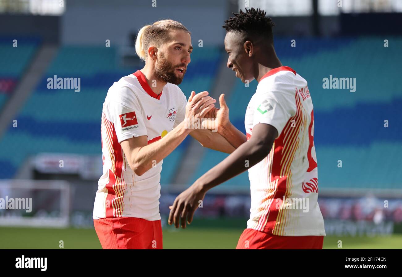 Leipzig Germany 25th Apr 2021 Football Bundesliga Rb Leipzig Vfb Stuttgart Matchday 31 At Red Bull Arena Leipzig Midfielder Amadou Haidara R Celebrates His Goal For 1 0 With Leipzig Midfielder Kevin [ 897 x 1300 Pixel ]