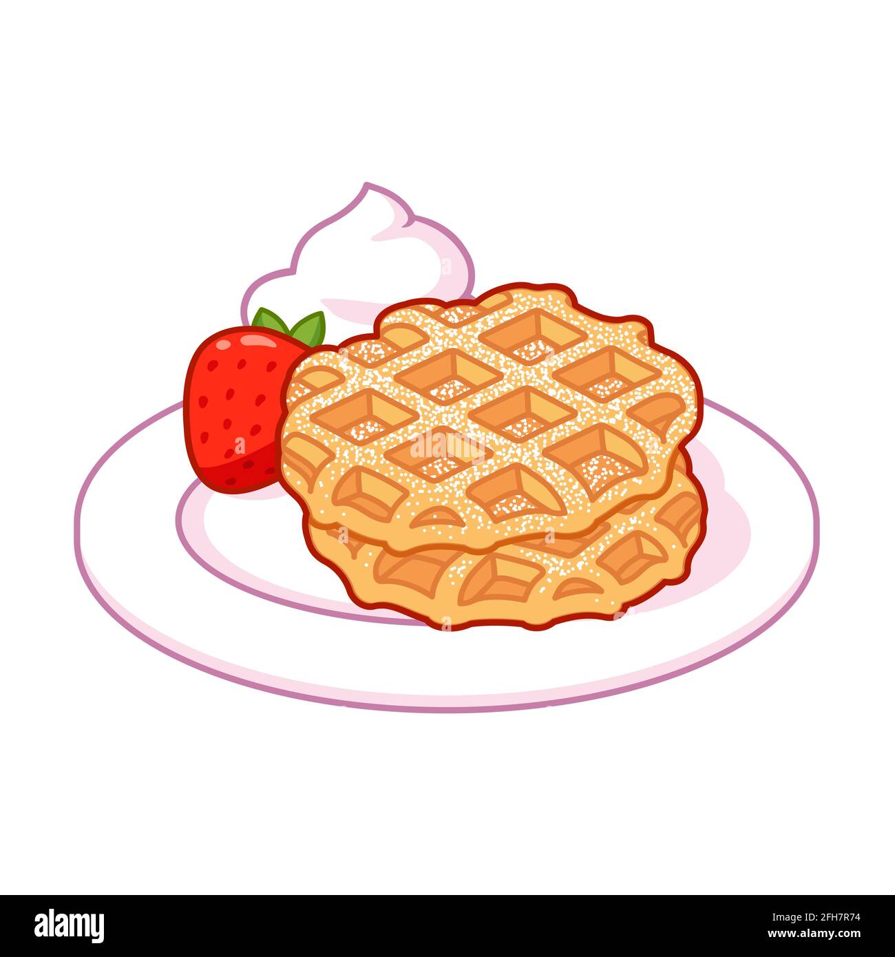 Liege waffle with powdered sugar, whipped cream and strawberries. Traditional Belgian dessert vector illustration. Cartoon clip art drawing. Stock Vector