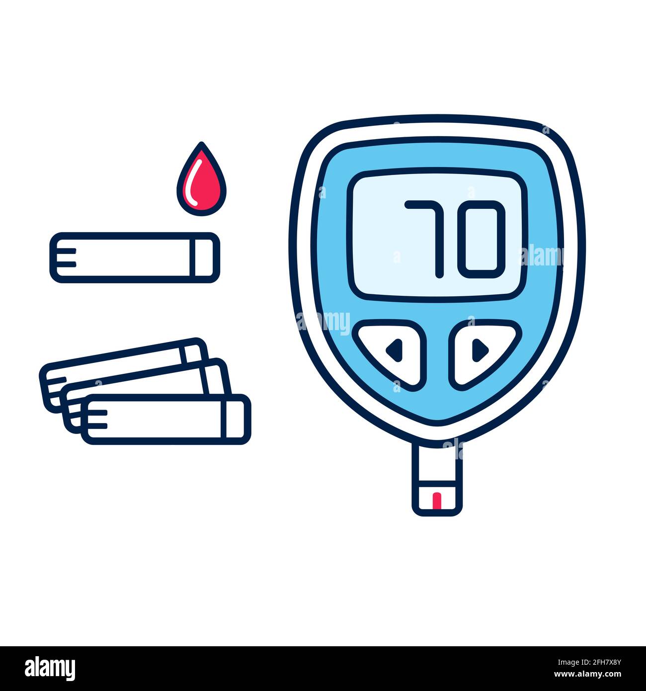 Diabetes glucose meter icon. Simple cartoon glucometer device with test strips and drop of blood. Isolated vector clip art illustration. Stock Vector