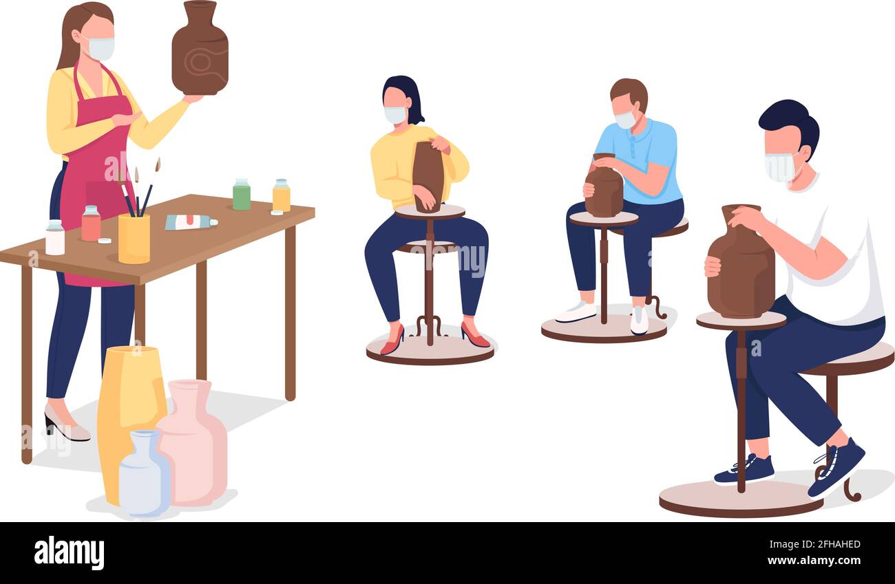 Pottery workshop students and teacher in face masks flat color vector faceless characters. Craft class during epidemic isolated cartoon illustration for web graphic design and animation Stock Vector Image & Art - Pottery workshop students and teacher in face masks flat color vector faceless characters. Craft class during epidemic isolated cartoon illustration for web graphic design and animation Stock Vector Image & Art -