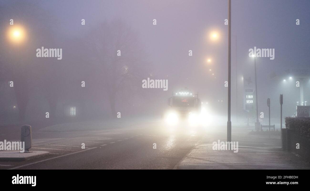 Kidderminster, UK. 7th January, 2021. UK weather: heavy fog and freezing temperatures makes travel very unnerving for motorists this morning with treacherous road conditions. Credit: Lee Hudson Stock Photo
