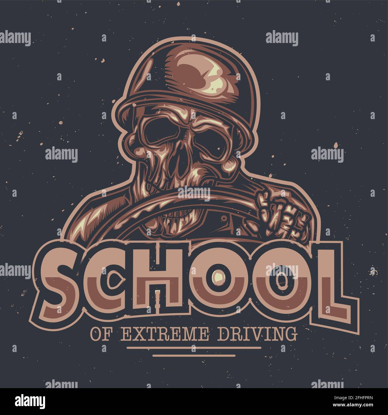 T-shirt or poster design with illustration of skeleton behind the steering wheel Stock Vector