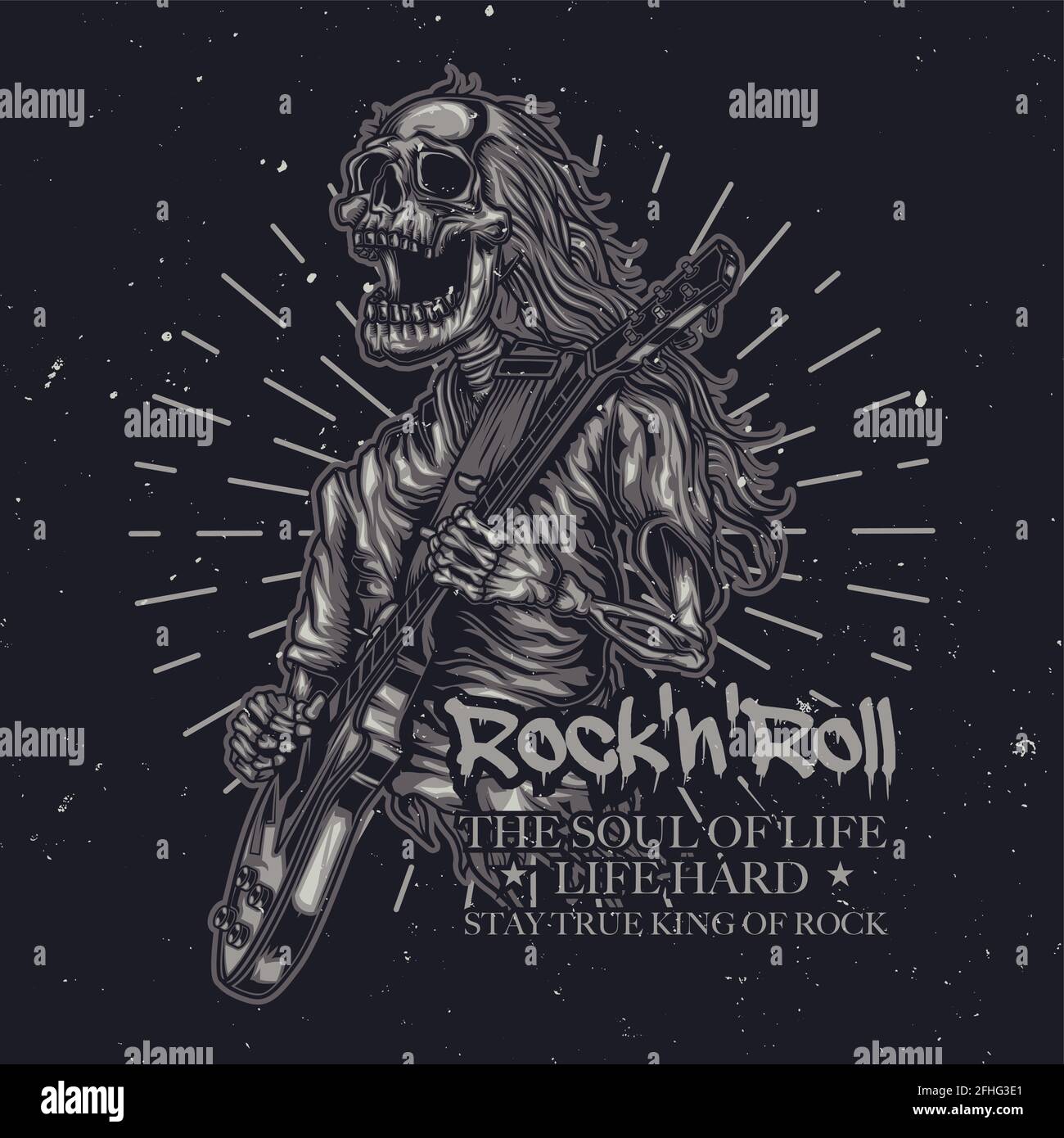 T-shirt or poster design with illustration of skeleton playing guitar Stock Vector