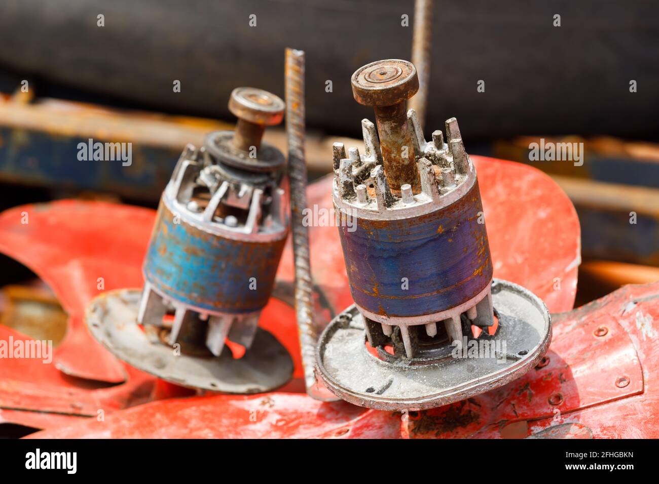 Closeup old and rusty dynamo copper fan motor scrap, recyclable waste