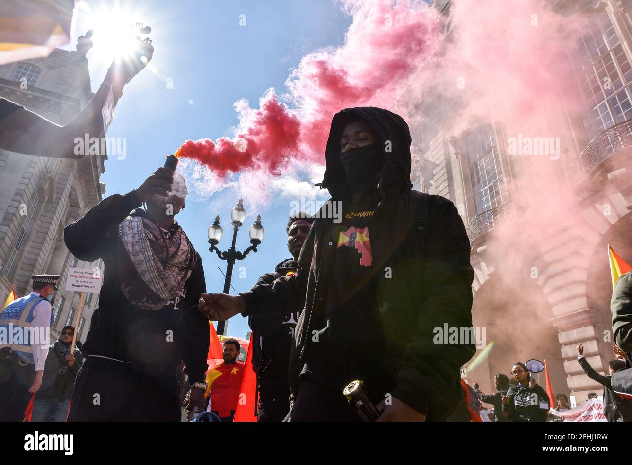 Piccadilly Circus, London, UK. 25th Apr 2021. People protesting and march for Tigray in central London. Credit: Matthew Chattle/Alamy Live News Stock Photo