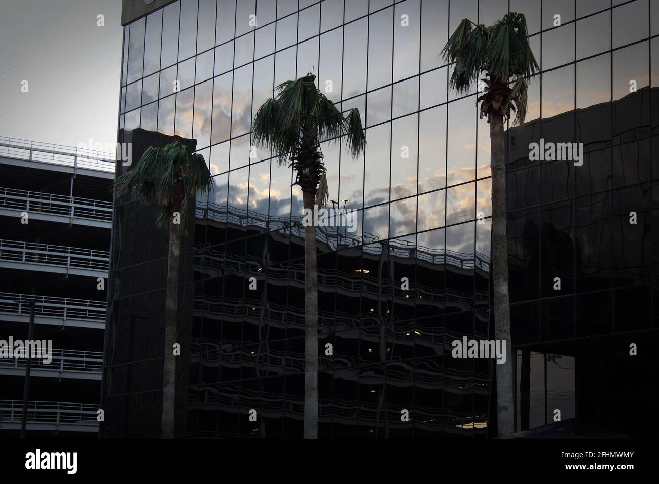 buildings at varying angles are reflected across dark warped glass Stock Photo