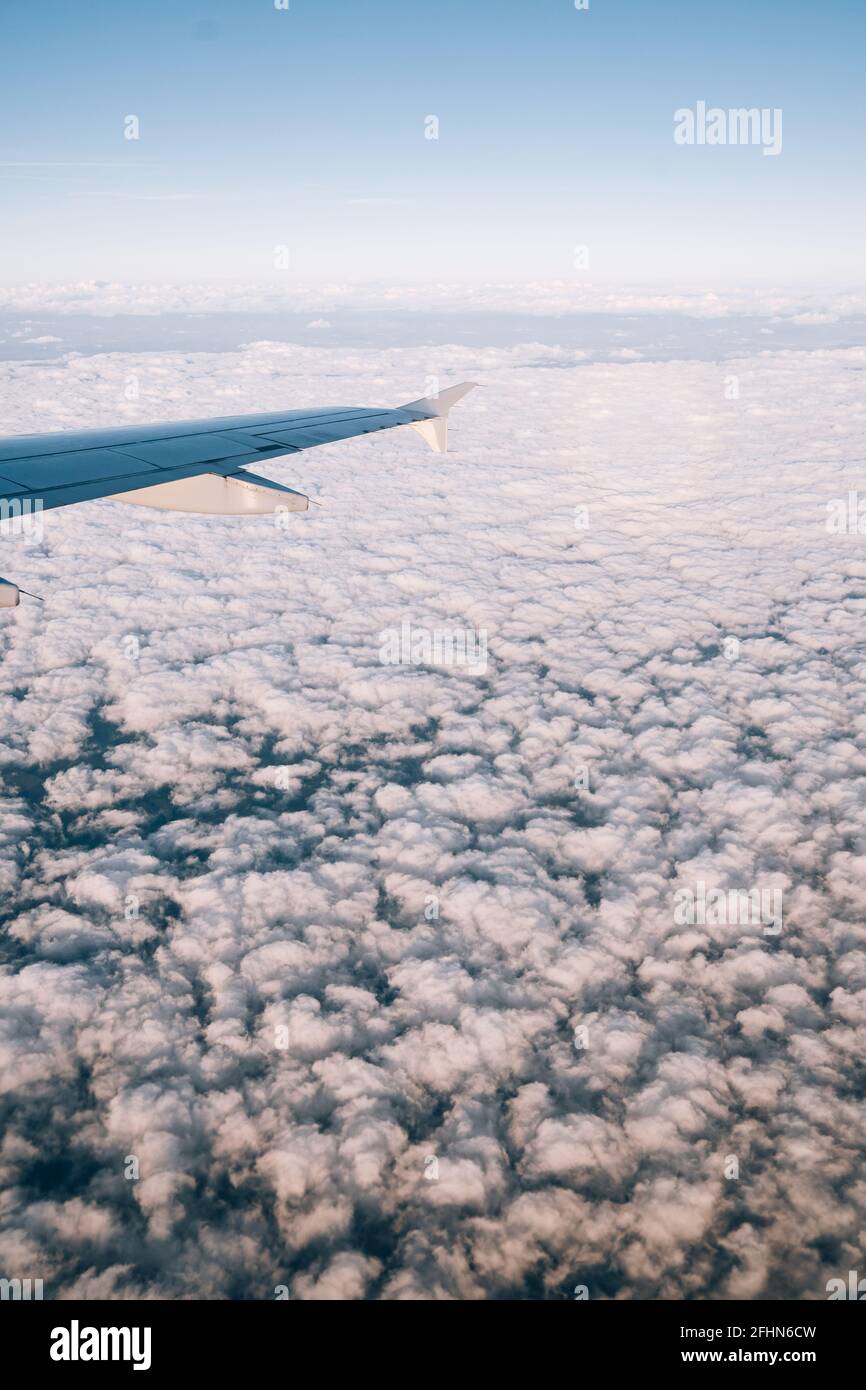 View from the airplane window on white cumulus clouds below Stock Photo