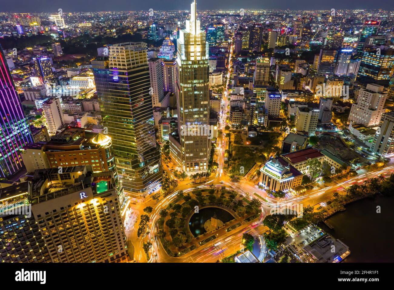 Aerial Panoramic Cityscape View Of Ho Chi Minh City And The River 