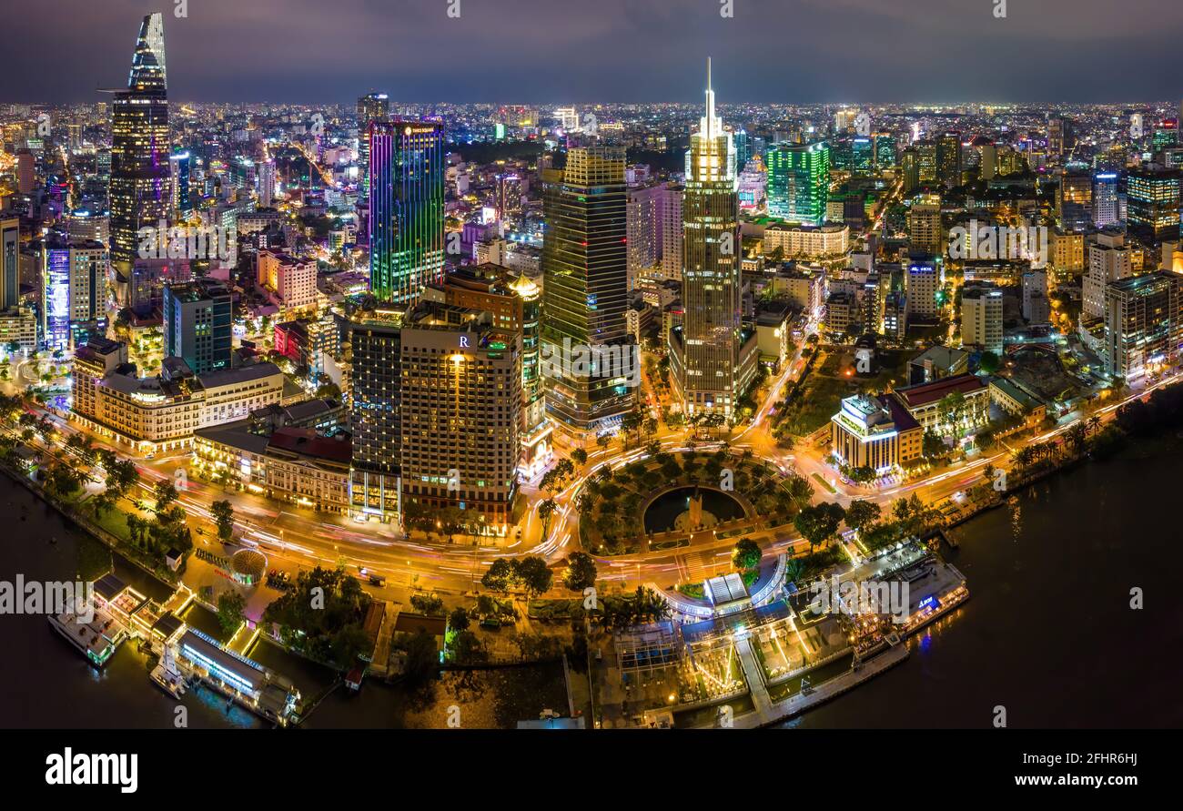 Aerial Panoramic Cityscape View Of Ho Chi Minh City And The River 