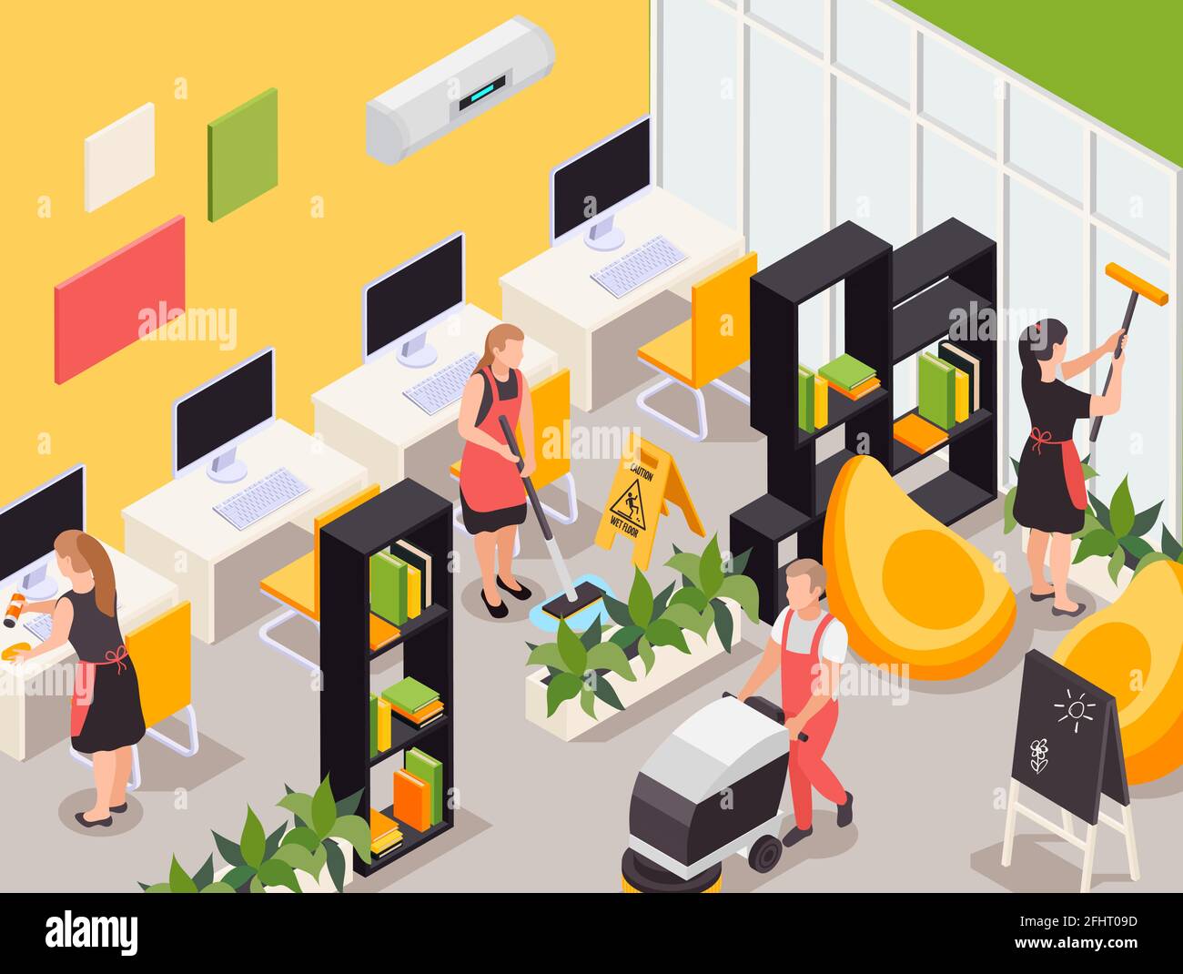 Professional cleaning service team working in college office dusting