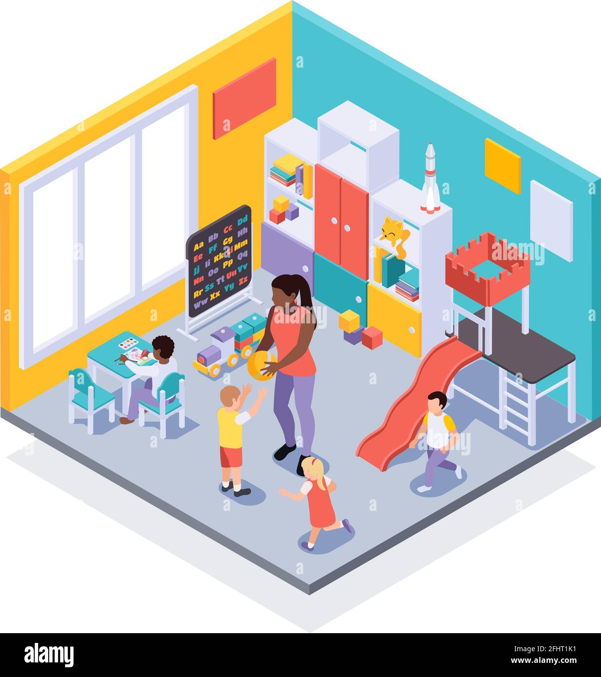 Kindergarten classroom playful learning environment interior isometric view with children moving around playing with teacher vector illustration Stock Vector