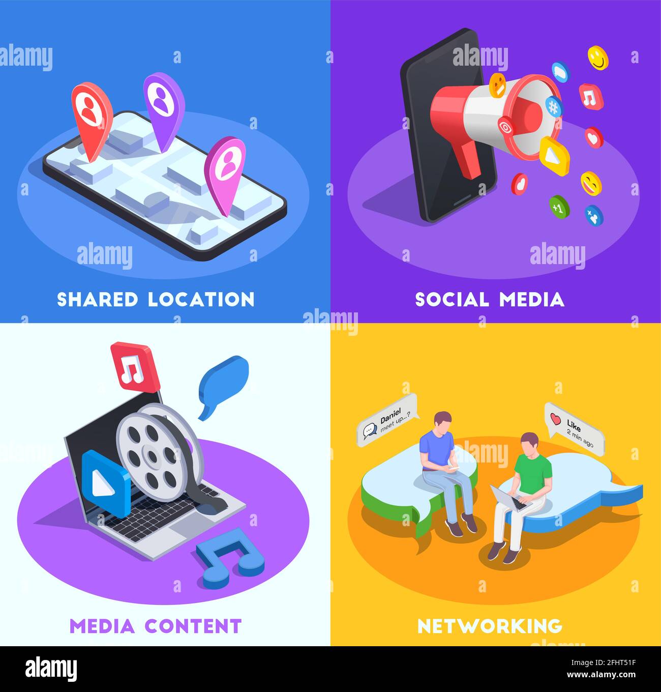 Social network isometric design concept with four compositions of ...
