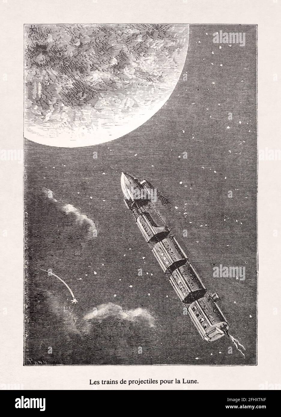 Projectile trains for the moon drawn by Montaut in 1890 to illustrate Jules Verne's book From the Earth to the Moon. Stock Photo