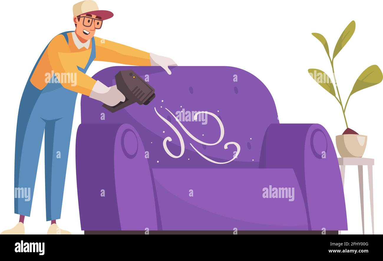 Sofa Clean Vector Happy cleaner cleaning sofa with professional equipment flat vector ...