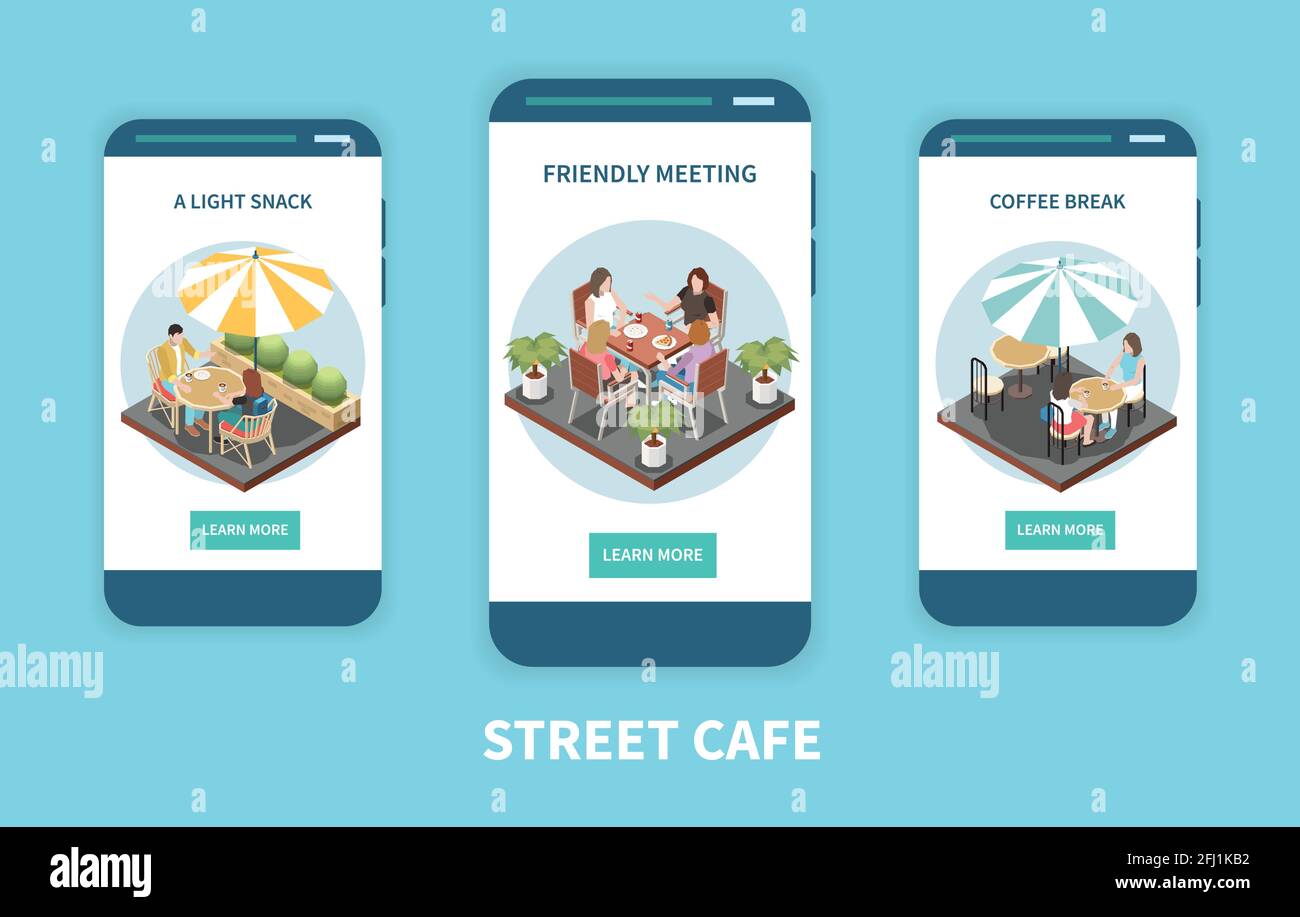 Three street cafe terrace isometric banner set vector illustration ...