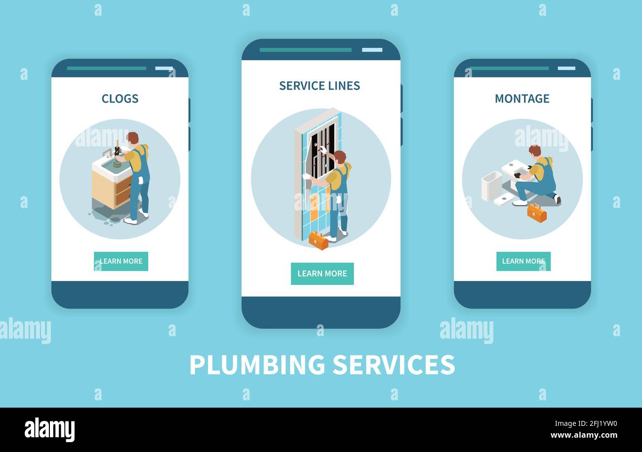 Three vertical plumber isometric banner set with clogs service lines