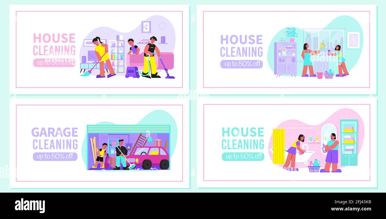 Spring Cleanning Banner Spring house cleaning 4 flat web banners with sweeping vacuuming floor ...